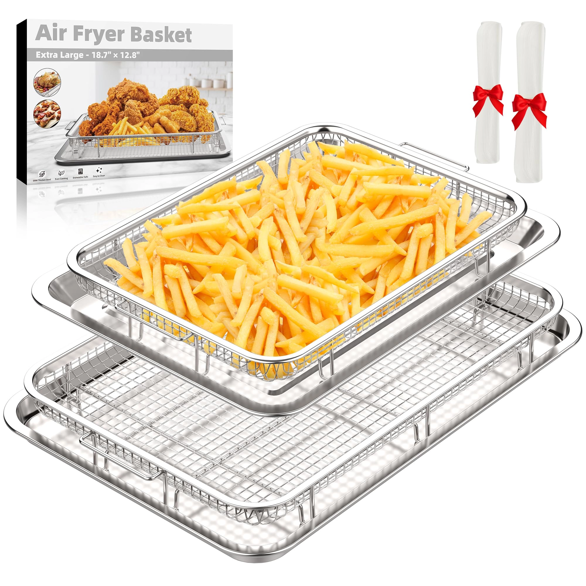 DEGOVIN Air Fryer Basket and Tray - Stainless Steel 2 Set