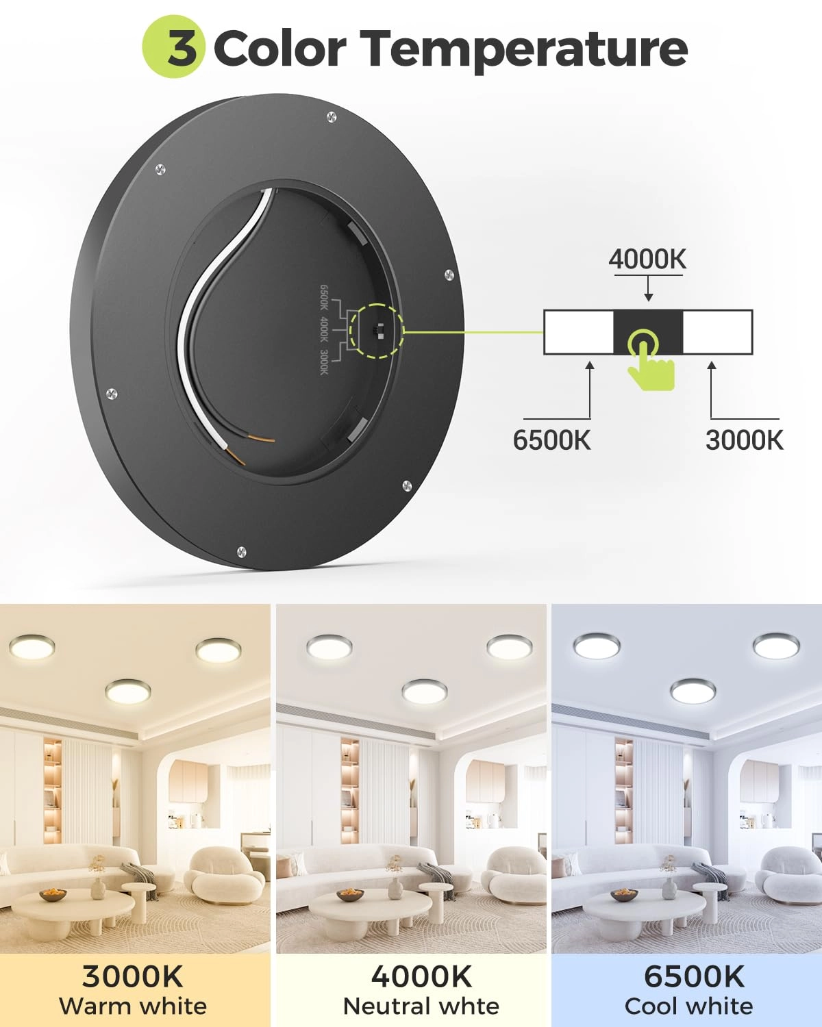 Flush Mount LED Ceiling Light - 3000K 4500K 6000K Dimmable