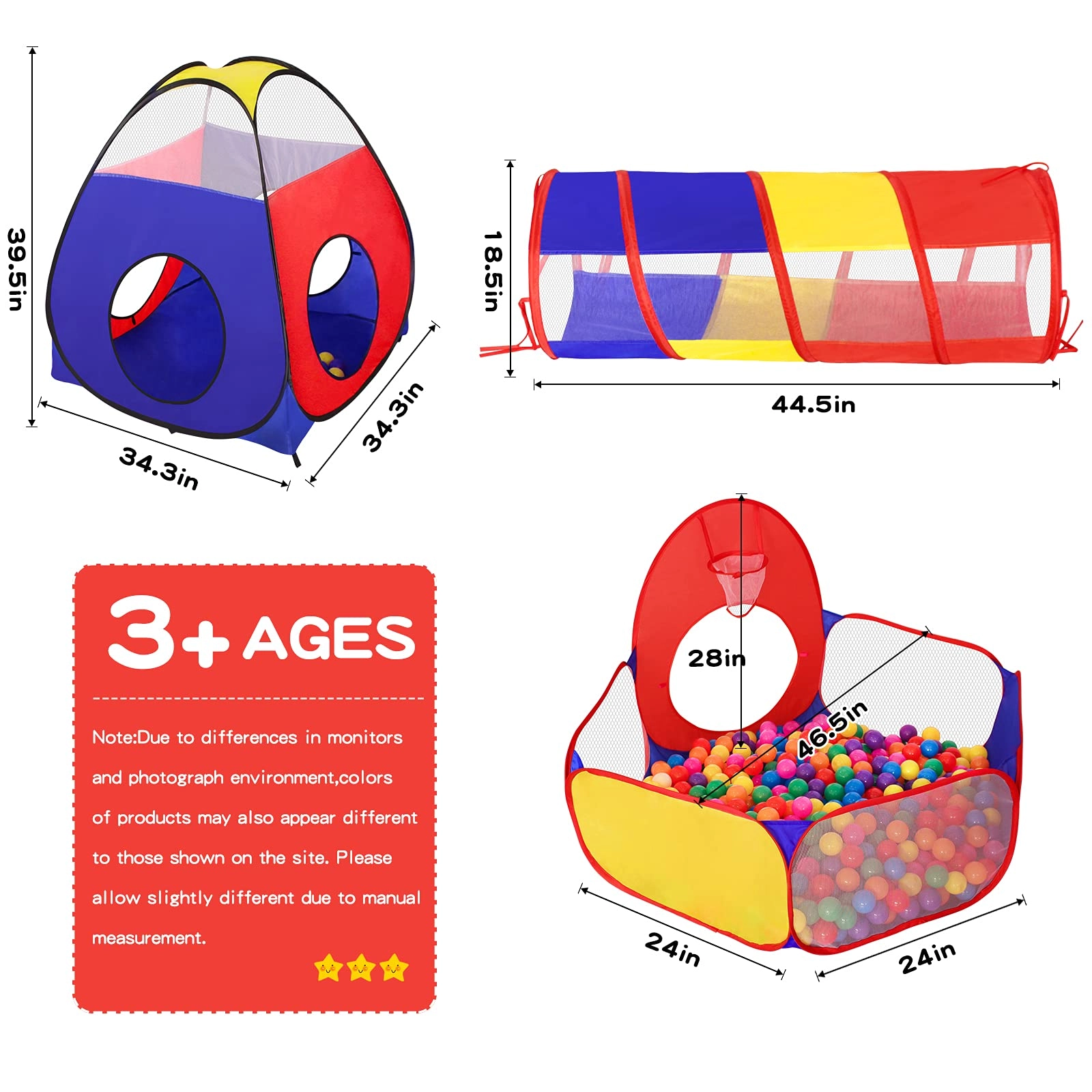 3 in 1 Ball Pit Set - 95 x 80 x 255 centimeters Play Tent