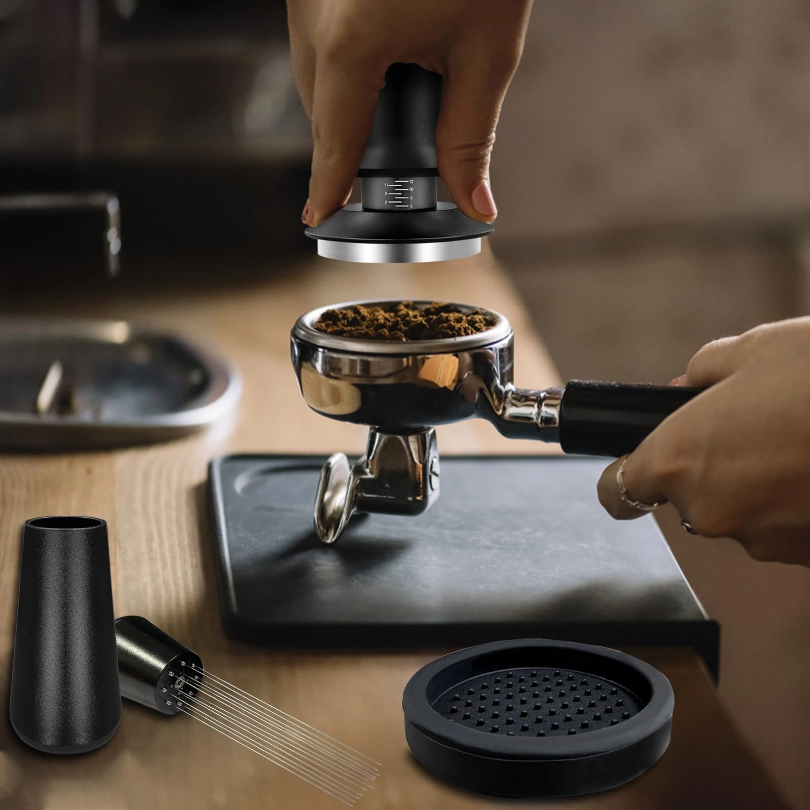 Espresso Tamper + WDT Tool + Espresso Dosing Funnel + Silicone Gel Tamper Mat + Espresso Accessories