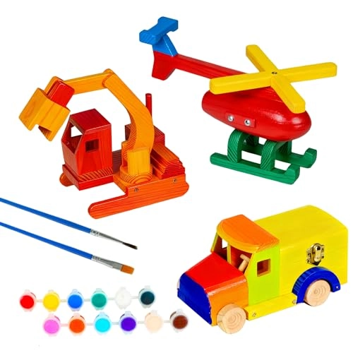 Wood Building Toy Kit - 3 Vehicle Projects 12 Paint Colors