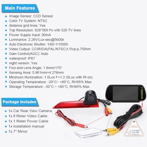 Car Rear view Camera - Night vision 628*586 pixels + Rear View Mirror - 7" LCD