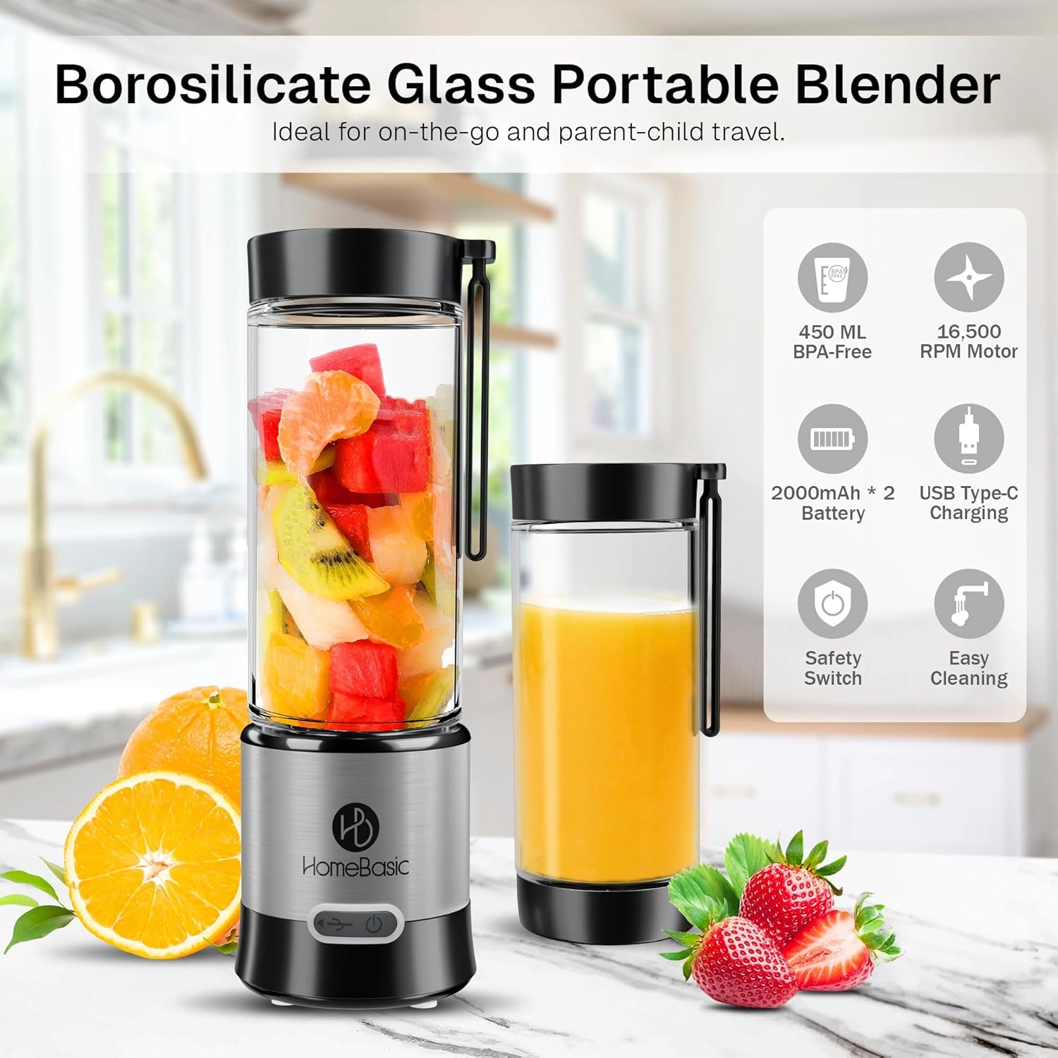Portable Blender - Borosilicate Glass USB-C Fast Charging