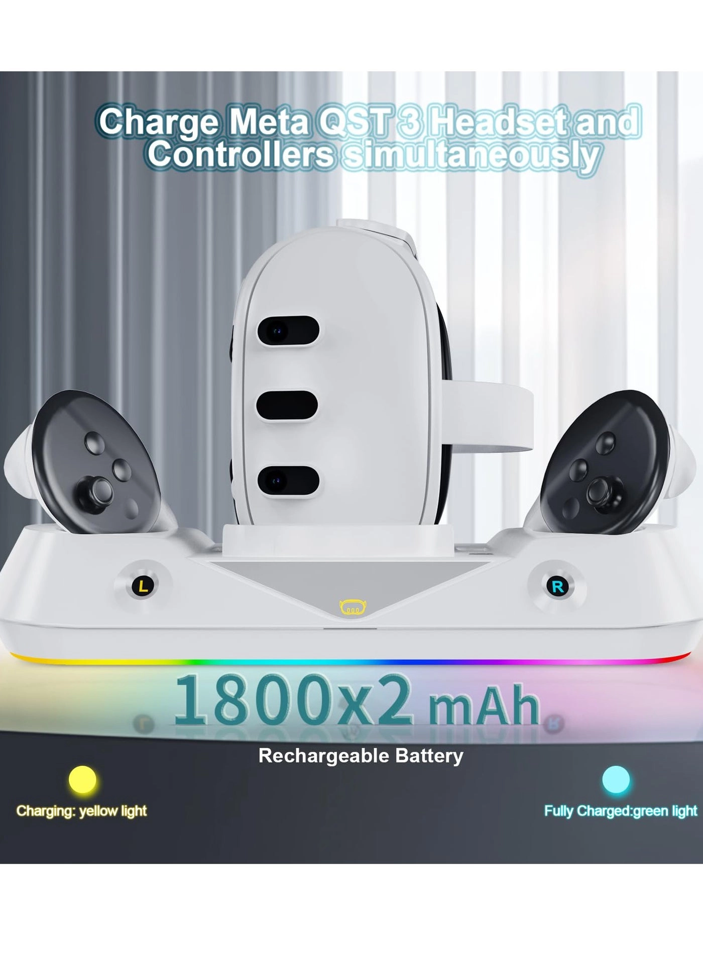 Charging Dock - Fast Charging RGB Compatible with Quest 3 + Rechargeable Controller Battery - 1800 mAh + Controller Cover - Custom + Magnetic Charging Head