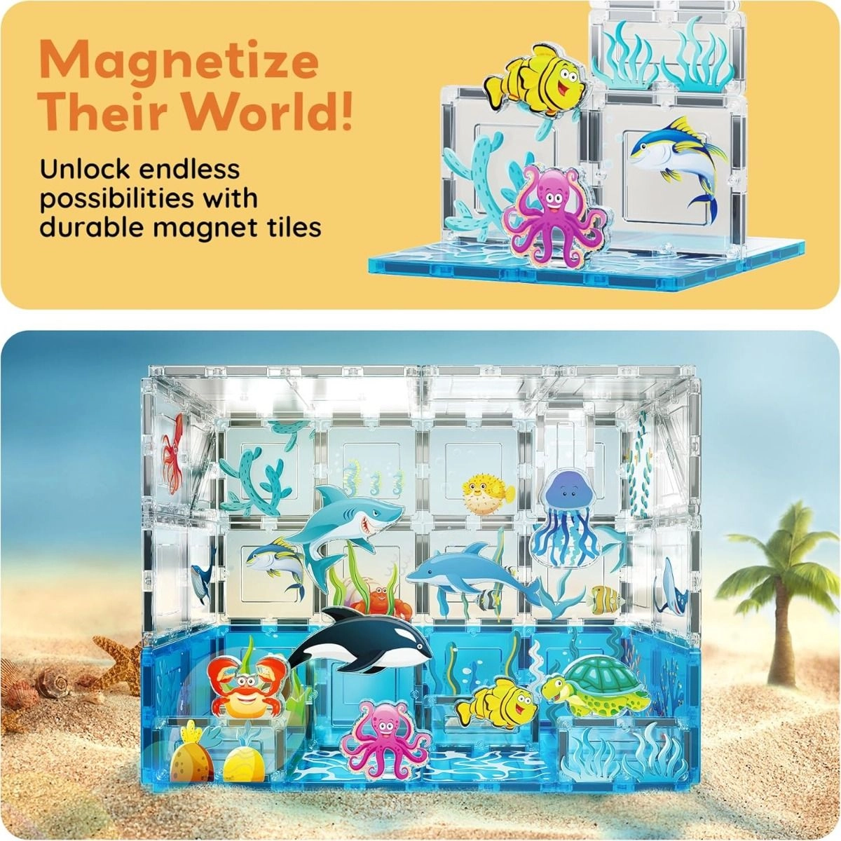 Magnetic Tiles Aquarium Marine Animal Set - Orca Shark Dolphin Jellyfish Sea Turtle Crab Octopus Fish Aquarium Marine 52 pcs