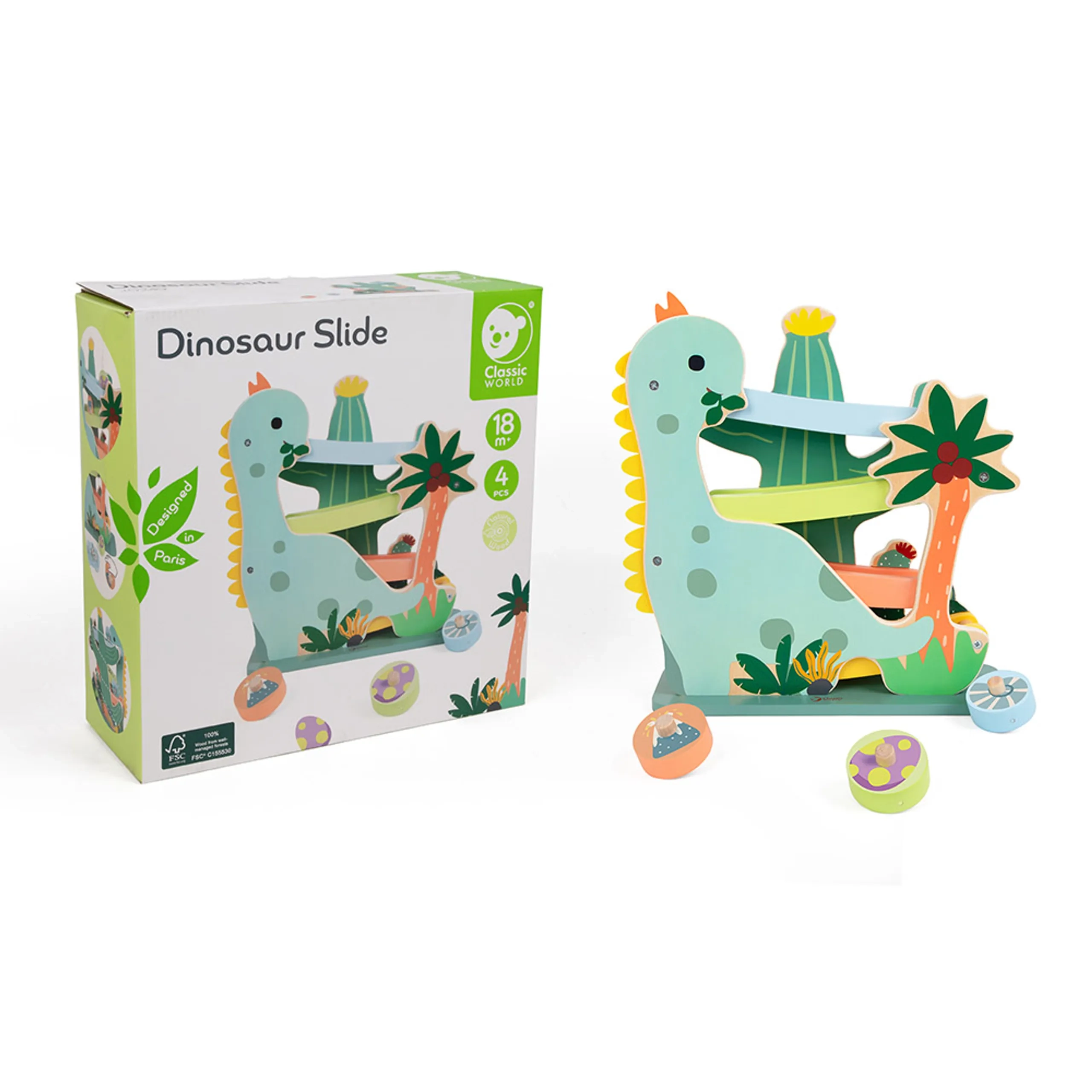 Wooden Dinosaur Slide - 4-piece interactive racing track set 31.7 x 11 x 32.1 cm