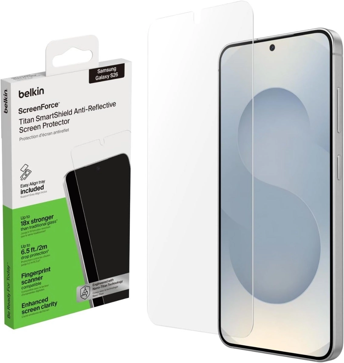 Belkin ScreenForce Tempered Glass Screen Protector for Samsung Galaxy S26 - EZ Tray Anti-Fingerprint