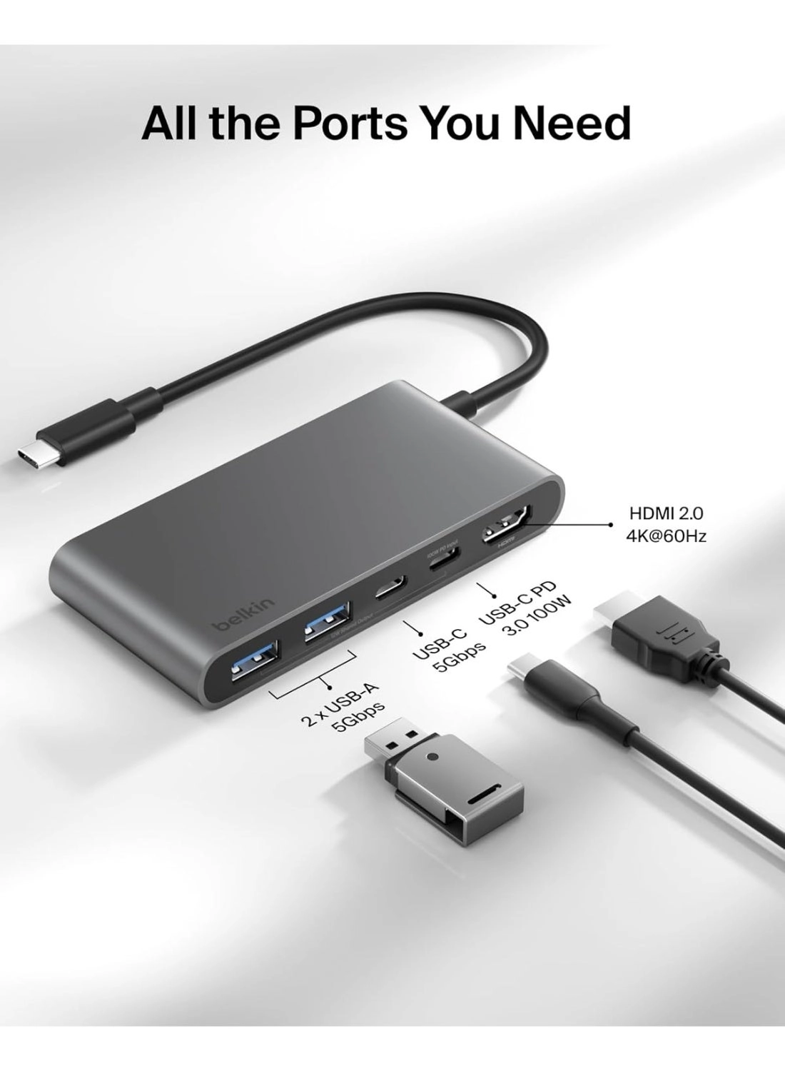 5-In-1 USB-C Multiport Hub Adapter - 4K 60Hz 100W PD