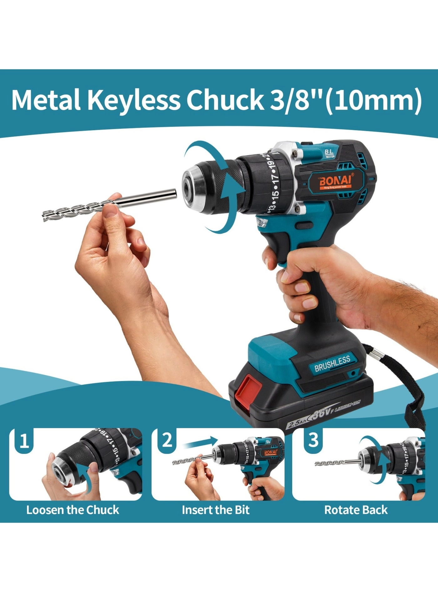 88V Brushless Cordless Electric Drill Set - 100 Newton Meters 2500 RPM
