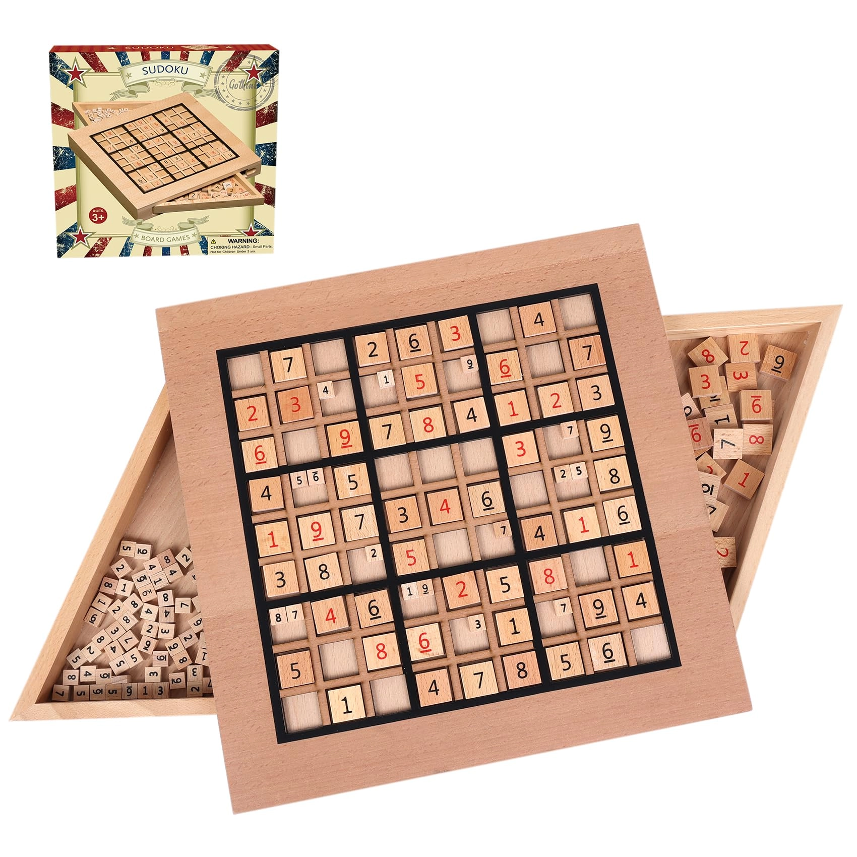 GOTHINK Sudoku Board Game - 11.6 Inch 90 Large Number Tiles 2 Drawers