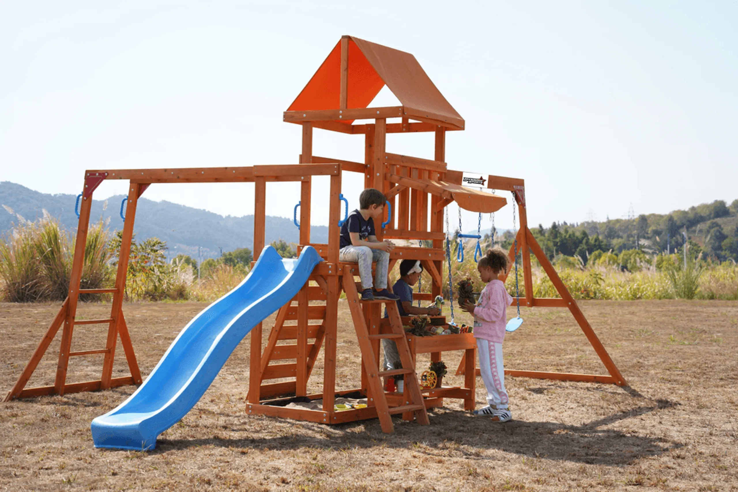 Arabian Pronghorn Wooden Swing Set - 2.2M Slide Double Play Fort