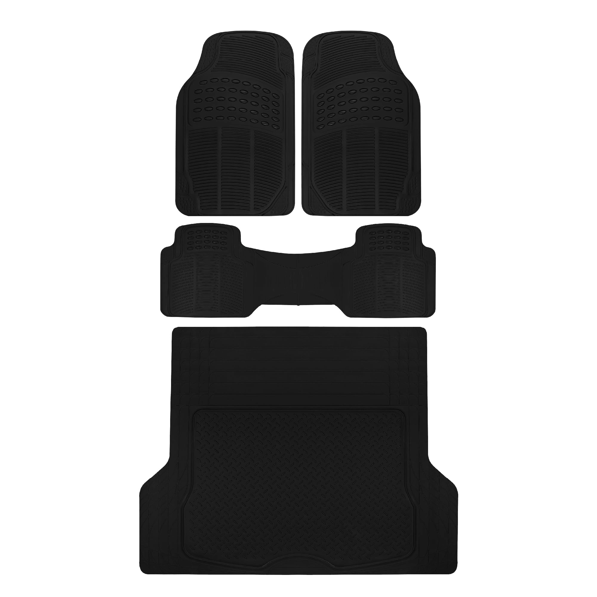 BDK Proliner All Weather Rubber Auto Floor Mats and Trunk Cargo Liner - Front & Rear 4 Piece Black