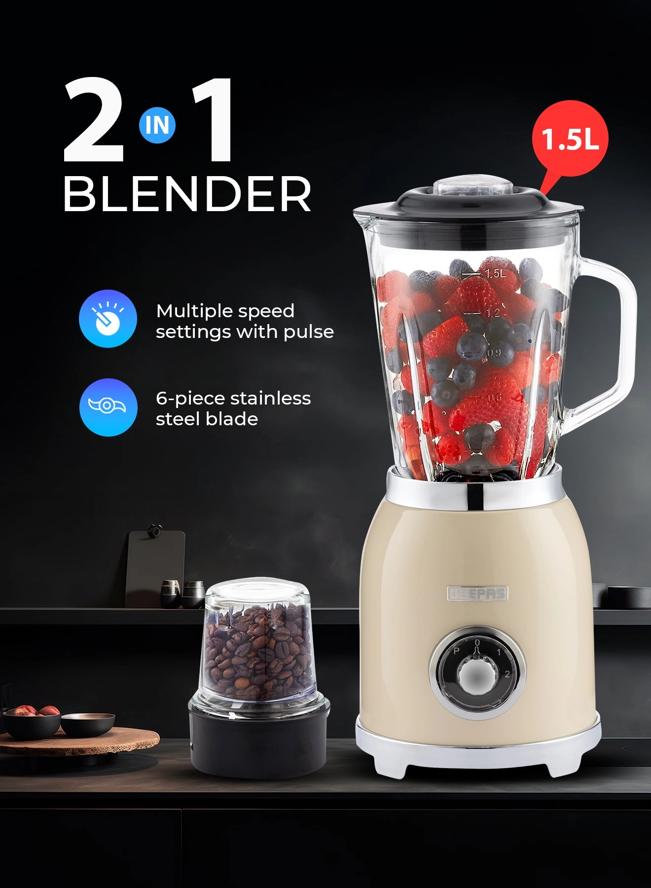 GEEPAS 2-in-1 Blender with Grinder - 800 W