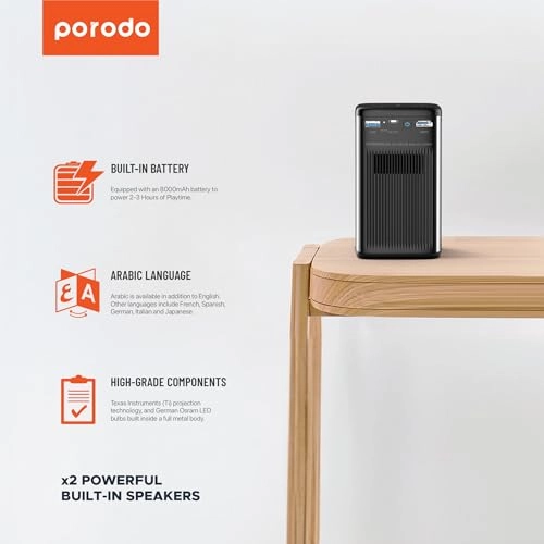 Porodo Portable DLP Projector: Compatible with IOS and Android, 8000mAh Lithium Battery, 38"-100" Projection Size, Up to 3 Hours Playtime, 16:9 Screen Ratio, and Equipped with a Touch Panel