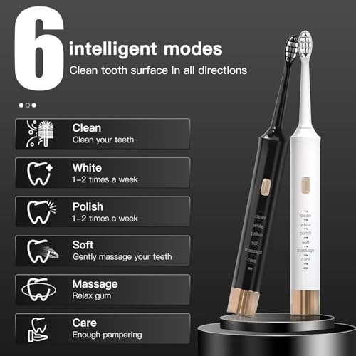 Electric Toothbrush - 6 Modes 5 Replacement Brush Heads Black