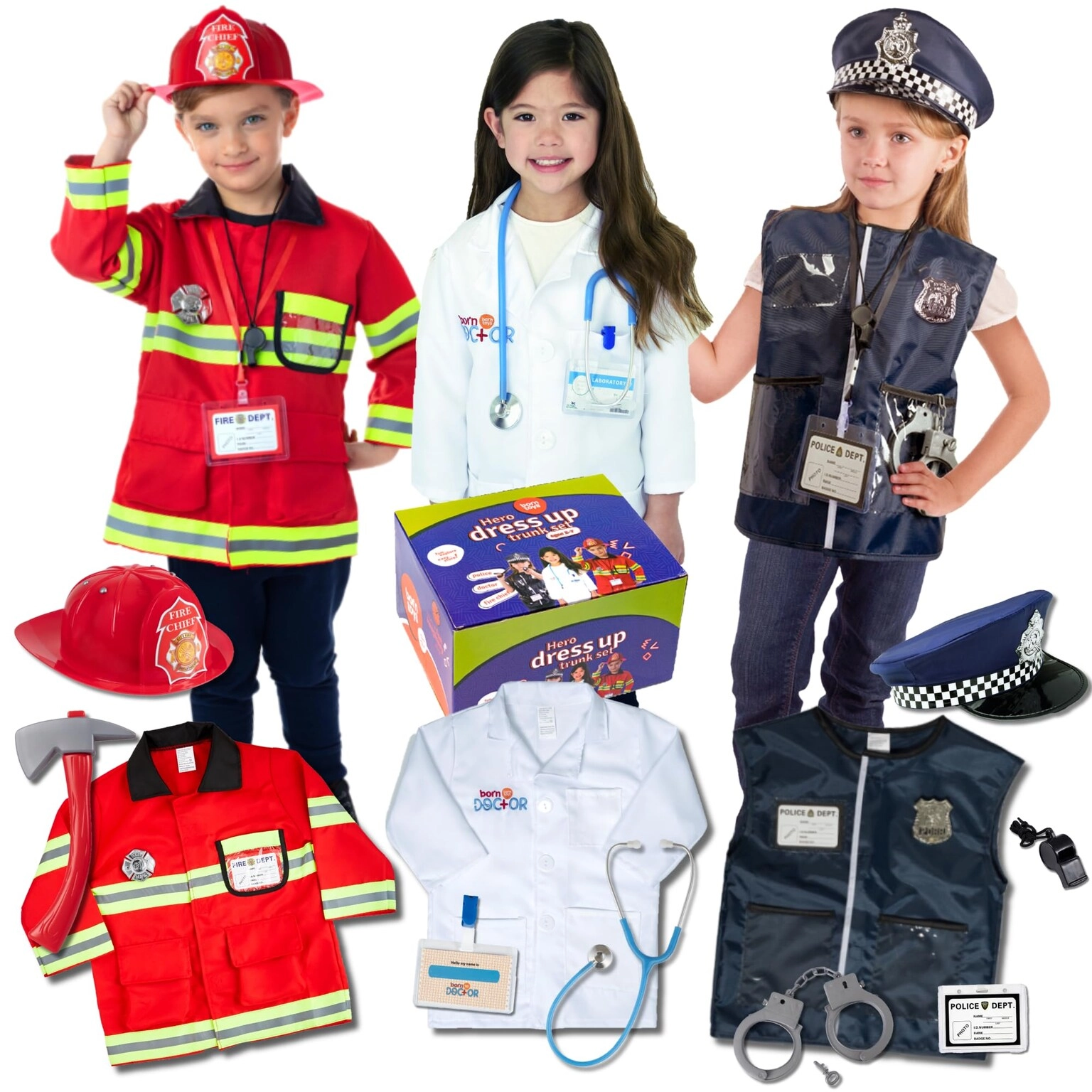 Born Toys Fireman Costume + Police Costume + Doctor Costume - 16 pcs