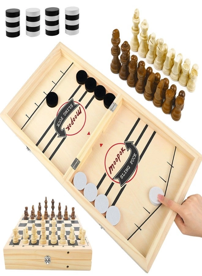Fast Sling Puck Game - 2 in1 Chess Board Wooden Air Hockey