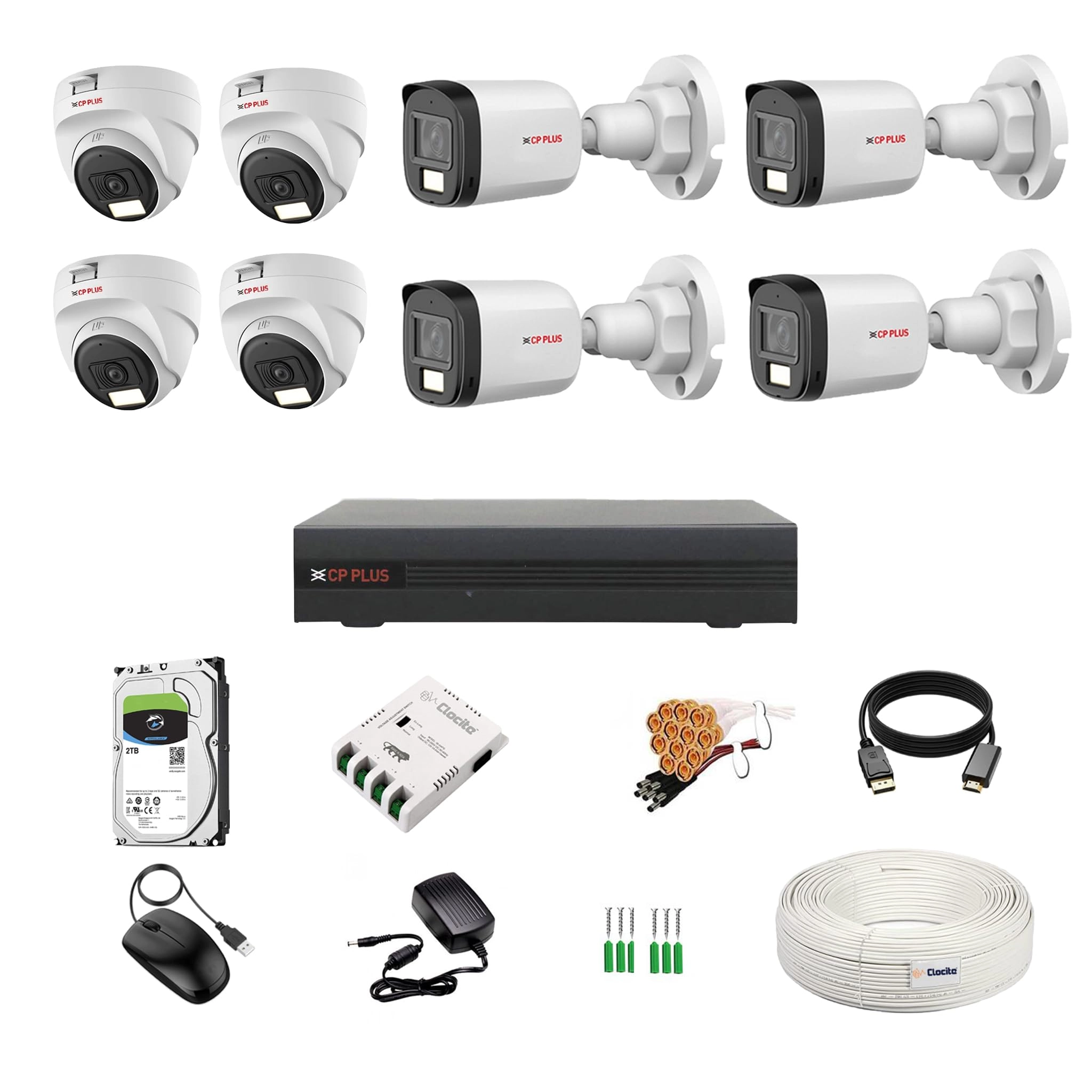 CP Plus 8 Channel DVR + 2.4MP Dome & Bullet Camera + 2TB HDD + CCTV Coaxial Cable Roll + 8 CH Power Supply + BNC & DC Connectors Kit