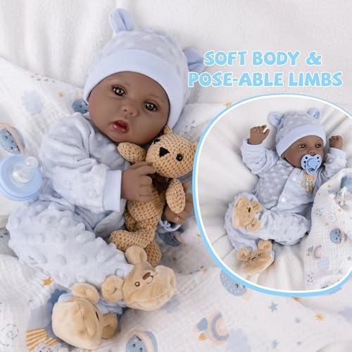 Reborn Baby Doll - 18 Inch Silicone African American Ages 3+ Gift Set