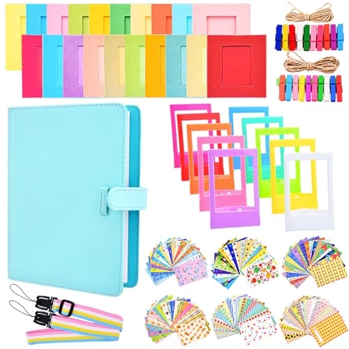 128 Pocket PU Leather Album + Film Stickers + Plastic Desk Frame + Hanging Frame + Camera Strap - Compatible with Instax mini Blue