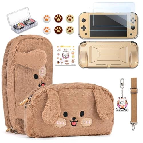 Switch Lite Carrying Case - Brown Dog + Switch Lite Screen Protector + Switch Game Case + Switch Thumb Caps