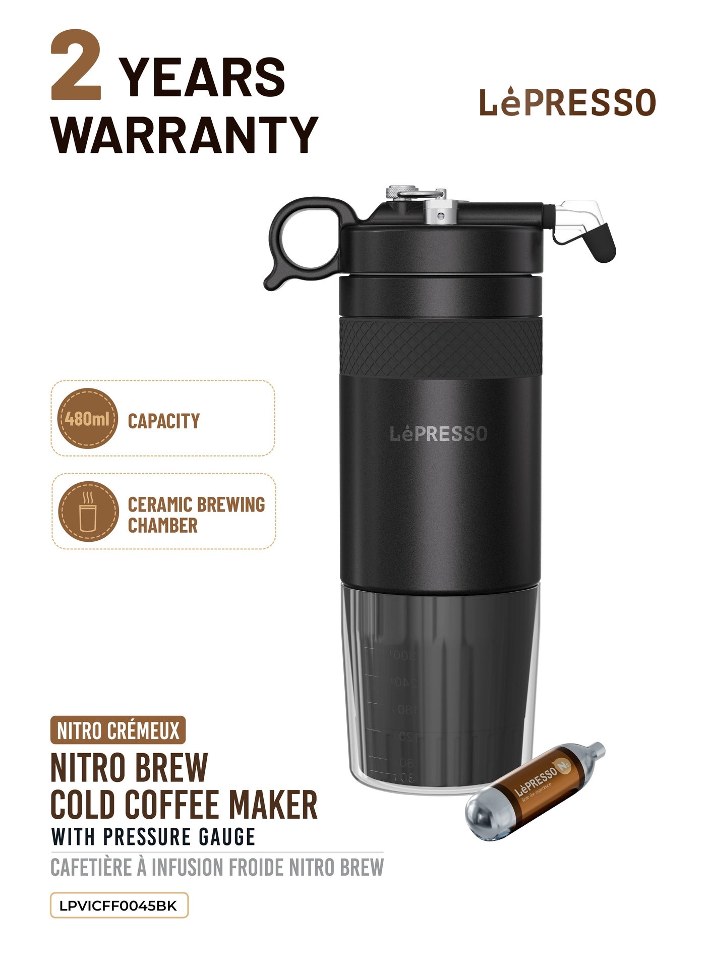 Nitro Brew Cold Coffee Maker - 480ml built-in pressure gauge