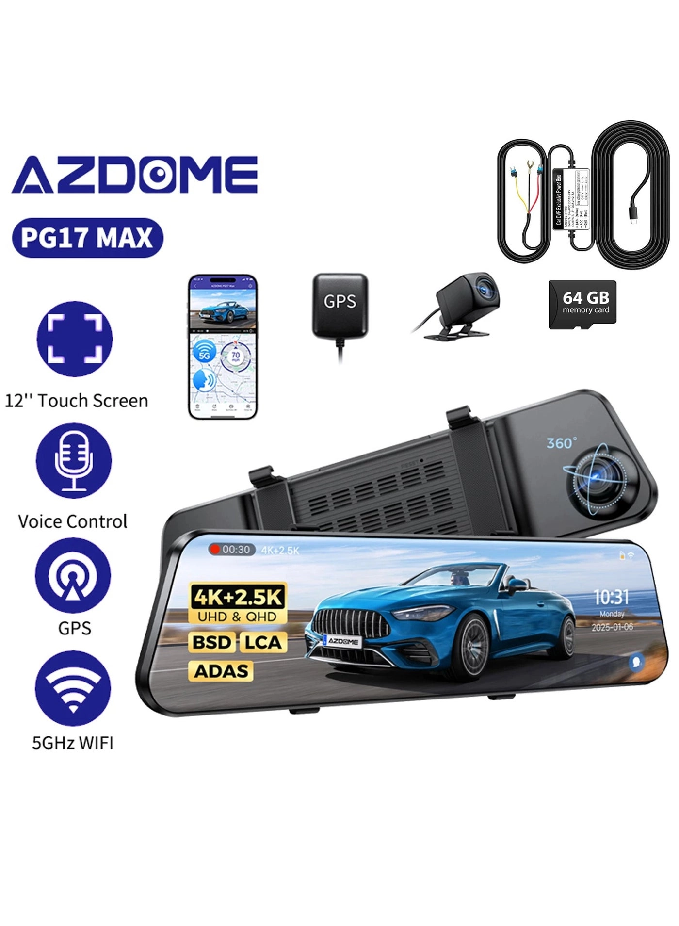 AZDOME PG17 Max - 4K+2.5K + 64GB TF Card + 3-Lead Type-C USB Hardwire Kit