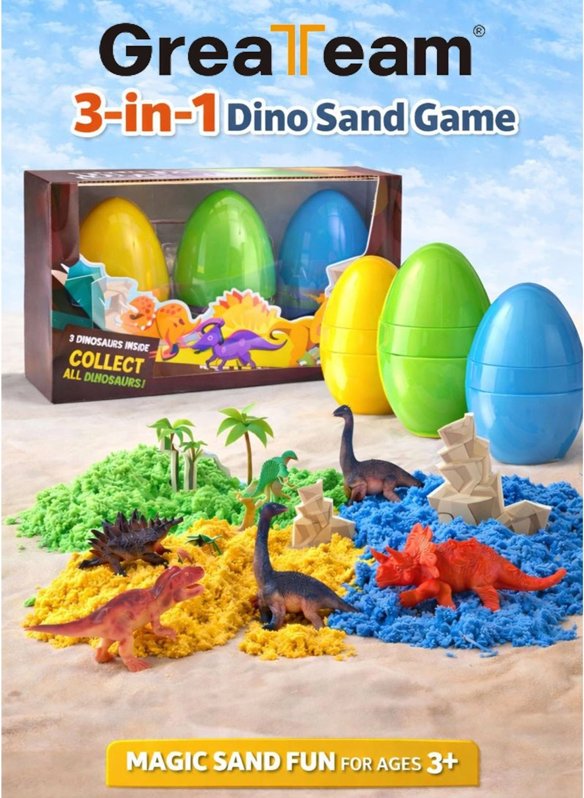 GreaTeam 3-in-1 Dino Sand Game Moving Sand - 3 Dinosaur Egg Pots 178-180g