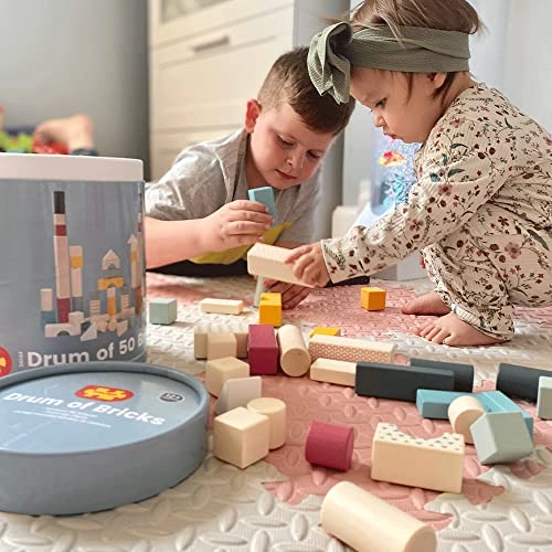 Drum of Wooden Blocks - 12 months+ 50 pieces