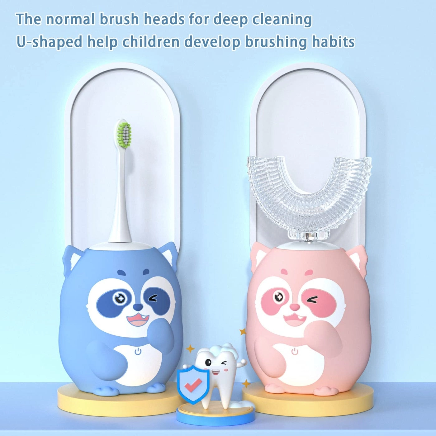 Kids Electric U Shaped Toothbrush - 4 Brush Heads Rechargeable IPX7 Waterproof
