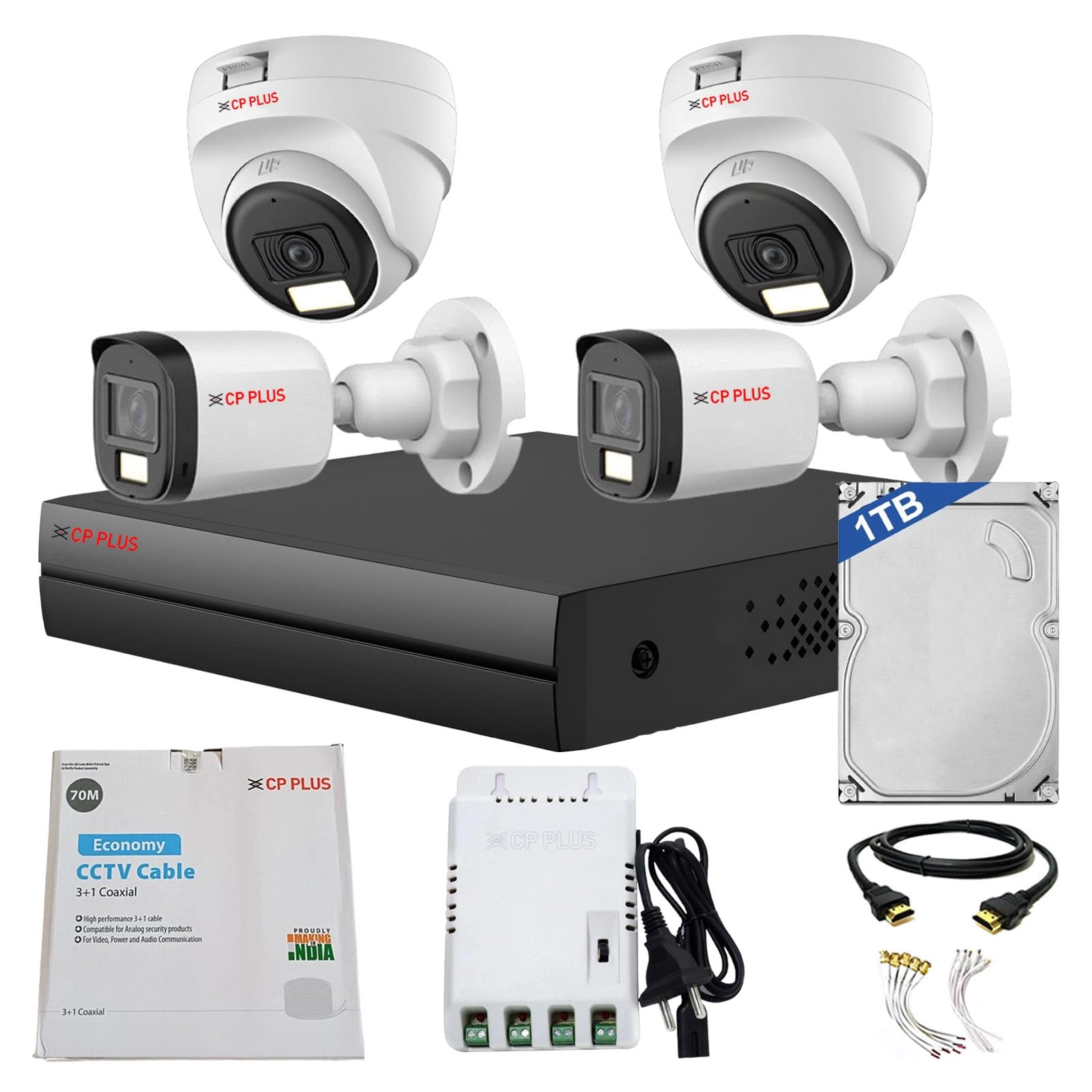 Aditya Infotech Limited 4 Channel DVR + 2 MP Outdoor Camera + 2 MP Indoor Camera + 4 Channel SMPS + 70 Meters Cable + Hard Drive - 1 TB + BNC & DC Connectors + HDMI Cable