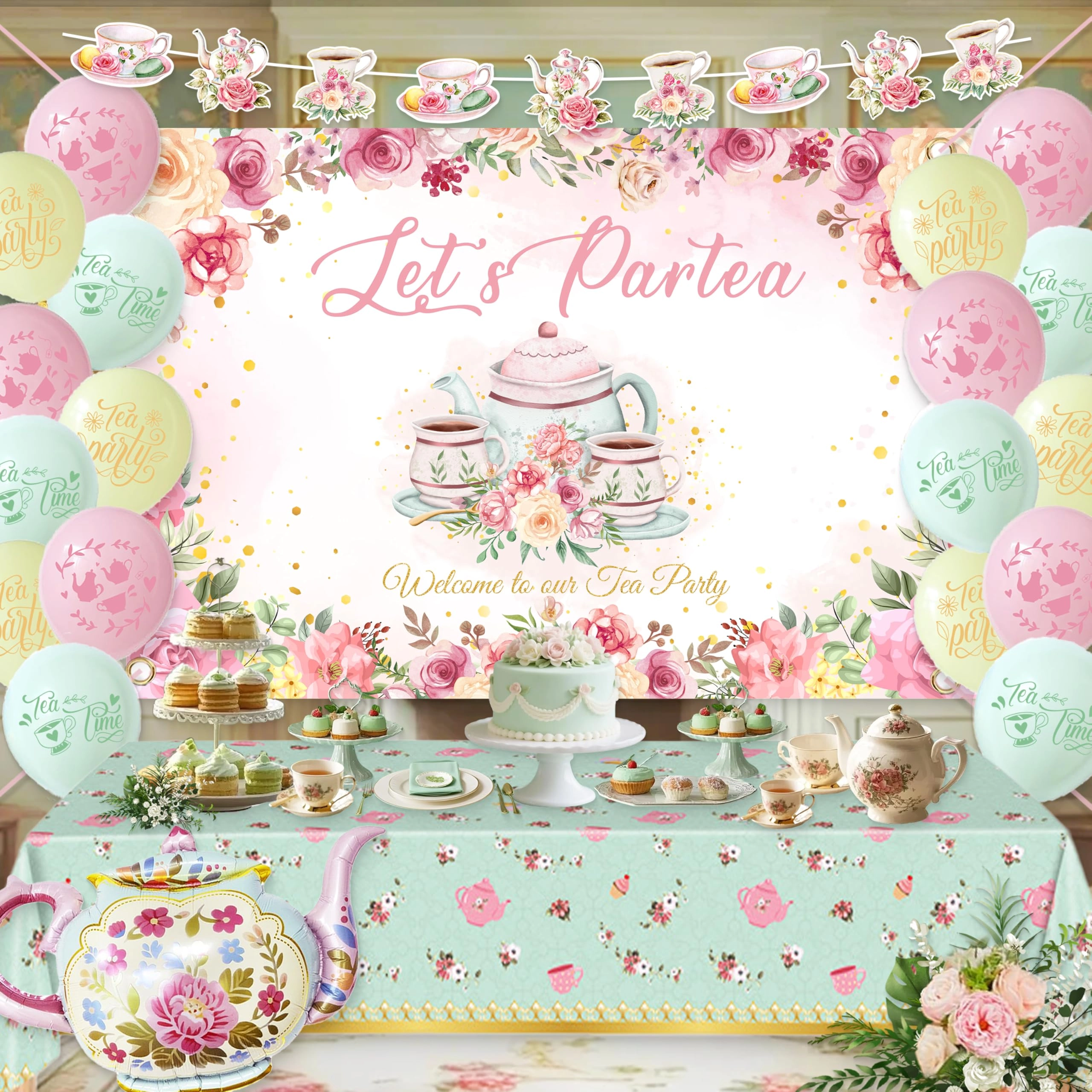 jenlion Tea Party Decorations - 1 “Let’s Partea” backdrop 1 teapot foil balloon 1 teacup banner 1 floral teapot tablecloth 18 pastel balloons Birthday