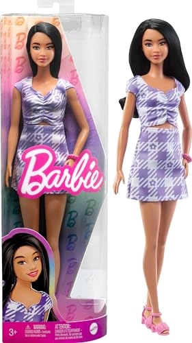 Barbie Fashionistas - Tall Body Wavy Black Hair Purple Gingham Dress Ages 3+