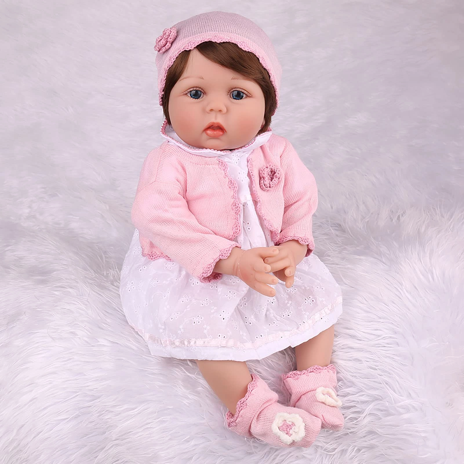 F&FSH Newborn Doll - Vinyl Cotton Body White Dress Pink Coat