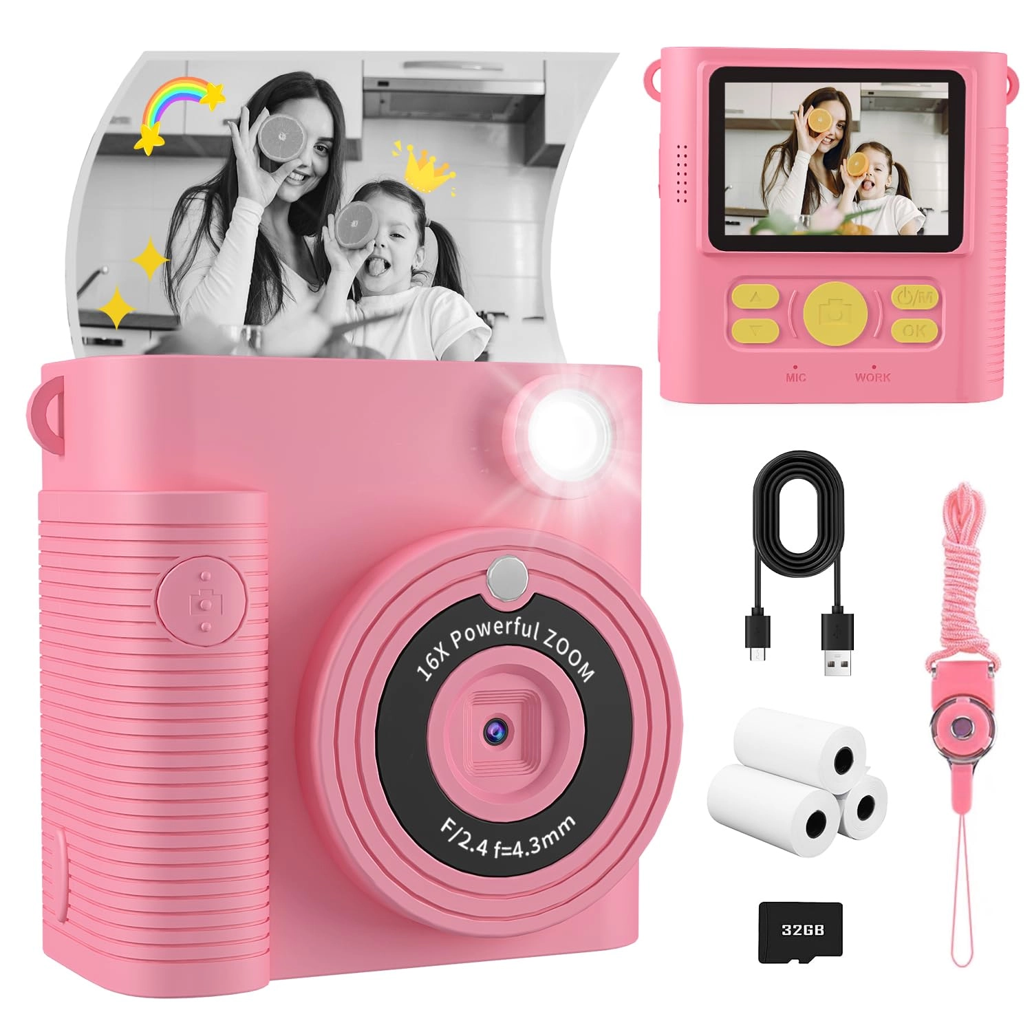 FKATEEN Kids Camera - Instant 32GB Pink