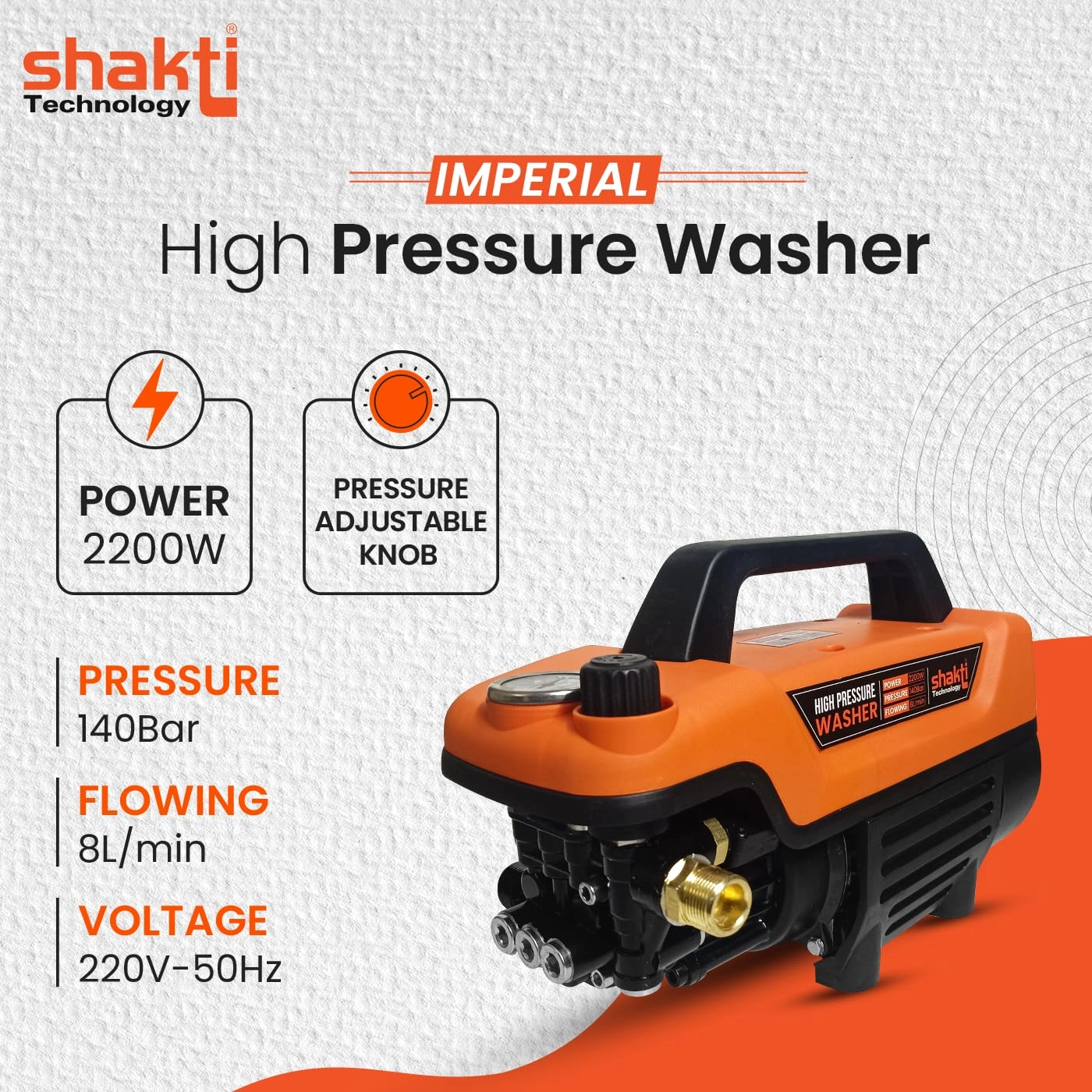 Imperial High Pressure Washer - 2200 Watts 140 Bar 8LMin 10 Meter Hose