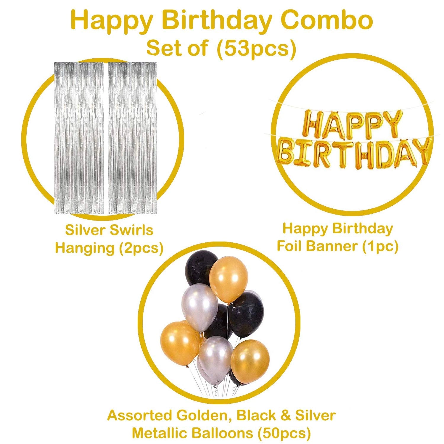 Happy Birthday Foil Balloons + Silver Fringe Curtain - 2 Pcs + Metallic Balloons - 50 Pcs