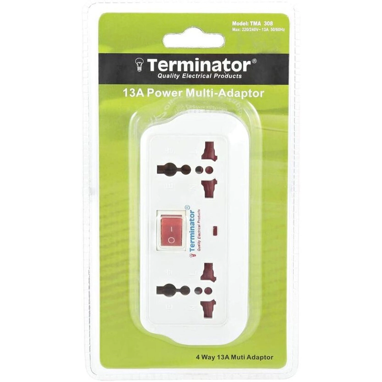Terminator 3 Way Universal T-Socket Multi Adaptor - Individual Switches Indicators 13A