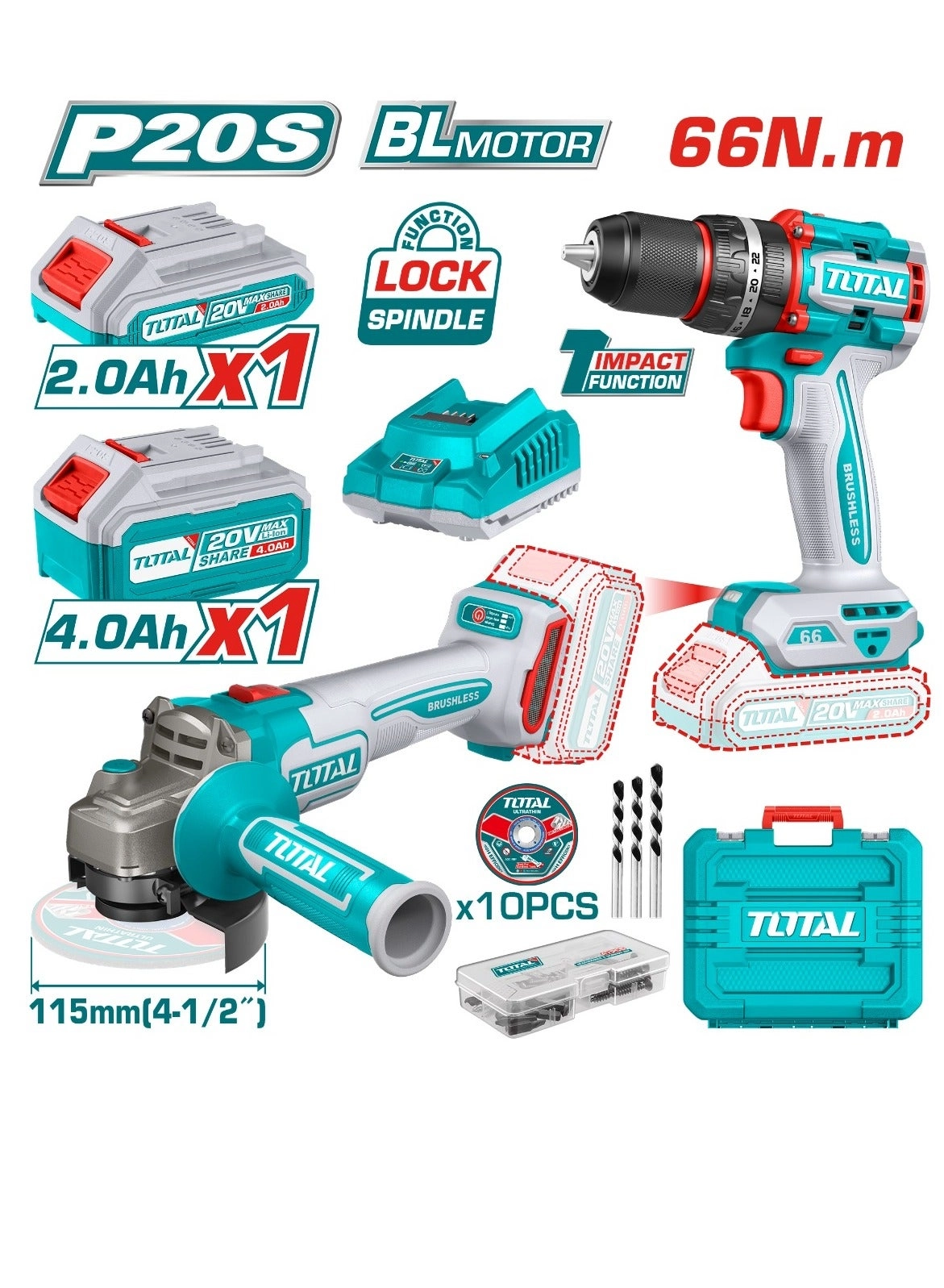 Total Cordless Combo Kit - 4.0Ah 2.0Ah 20V
