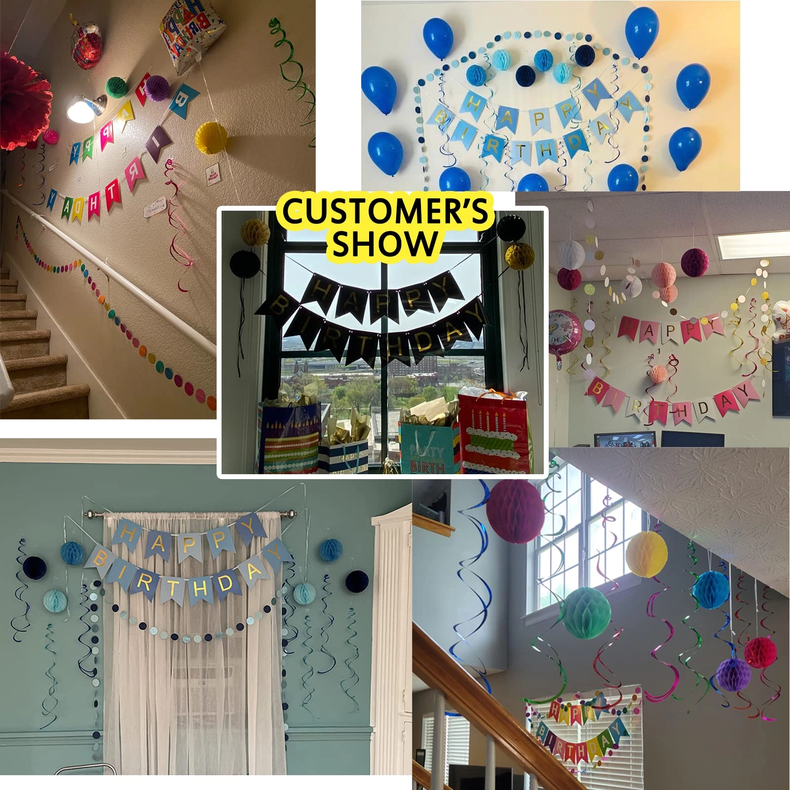 happy birthday banner + paper honeycomb balls + colorful circle paper garland + metallic hanging swirls
