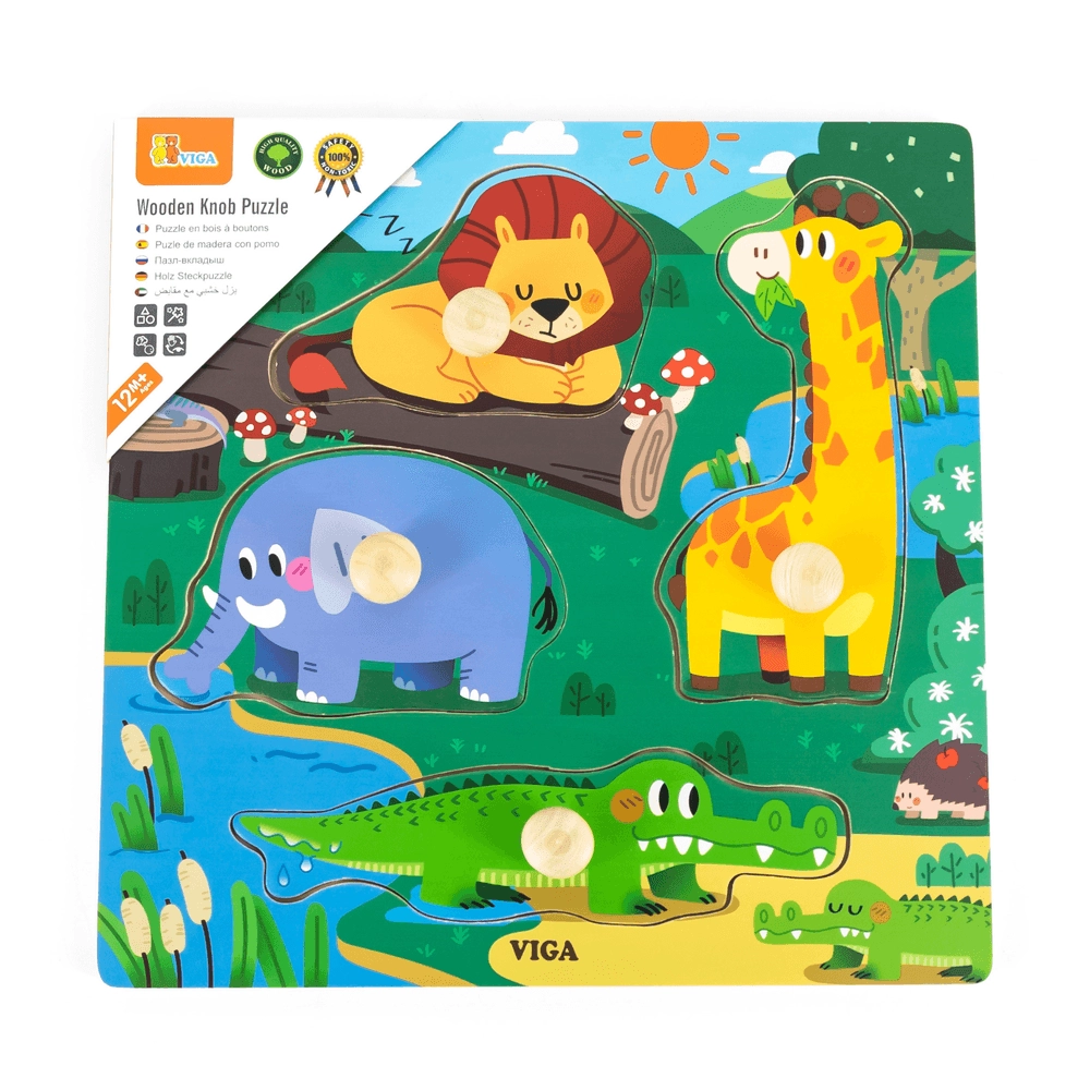 Wooden Knob Puzzle - Wild Animals - Suitable for 12 months and above 4 pieces