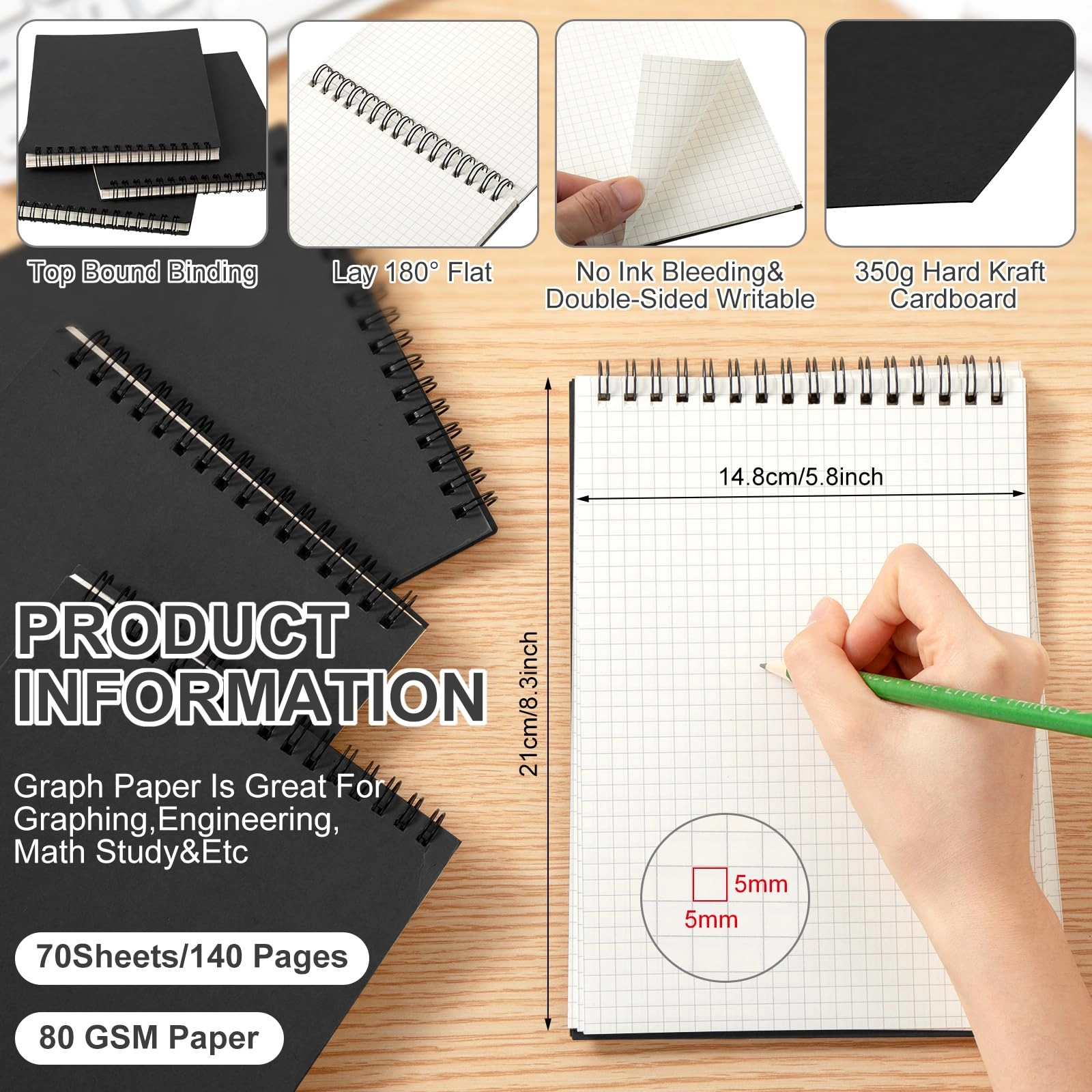 Graph Paper Spiral Notepad A5 Spiral - Grid 140 Pages Pack