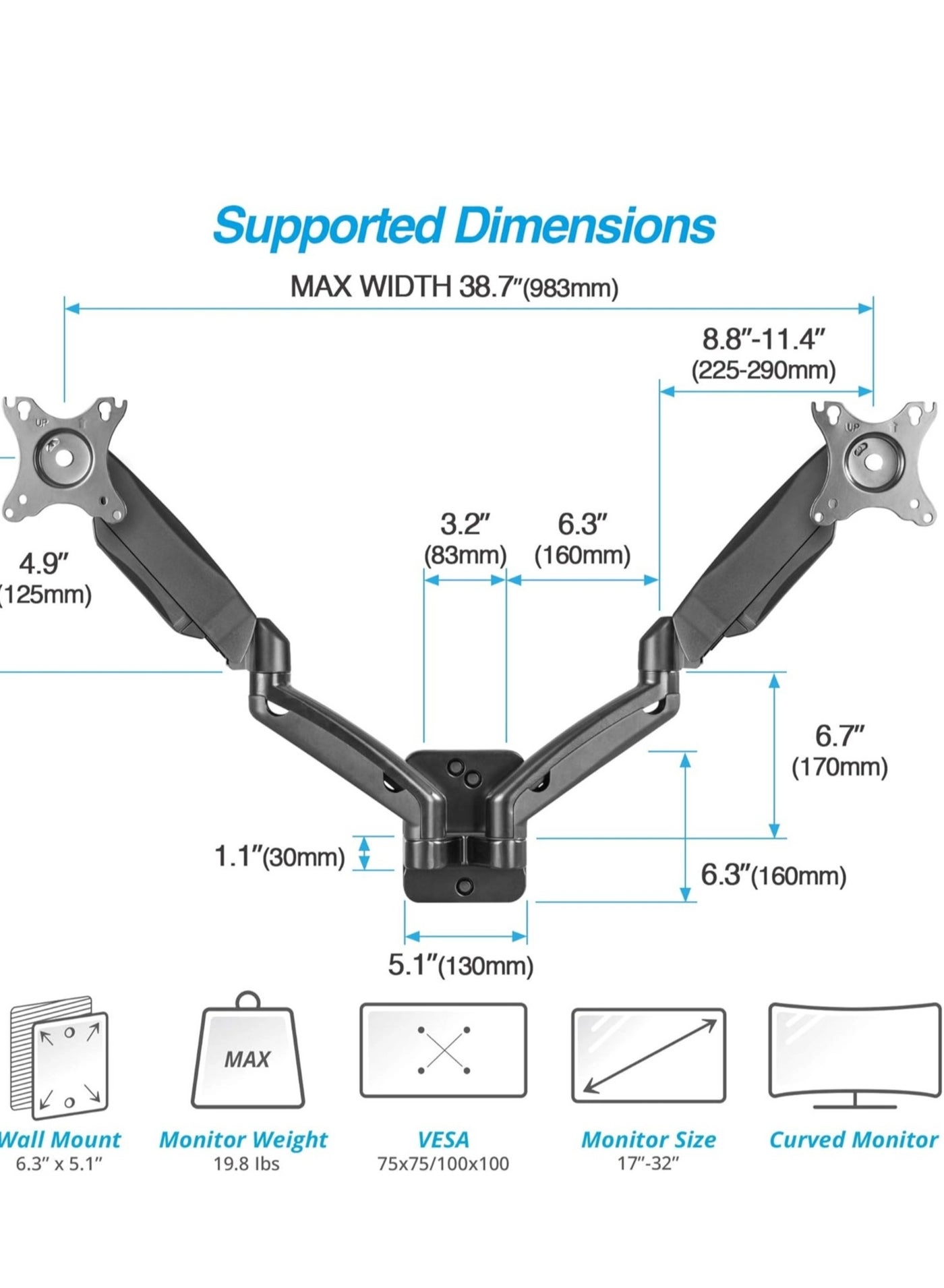 Dual Monitor Wall Mount - two 17''-32'' 75x75mm 100x100mm
