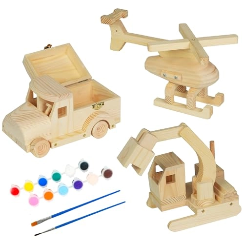 Wood Building Toy Kit - 3 Vehicle Projects 12 Paint Colors
