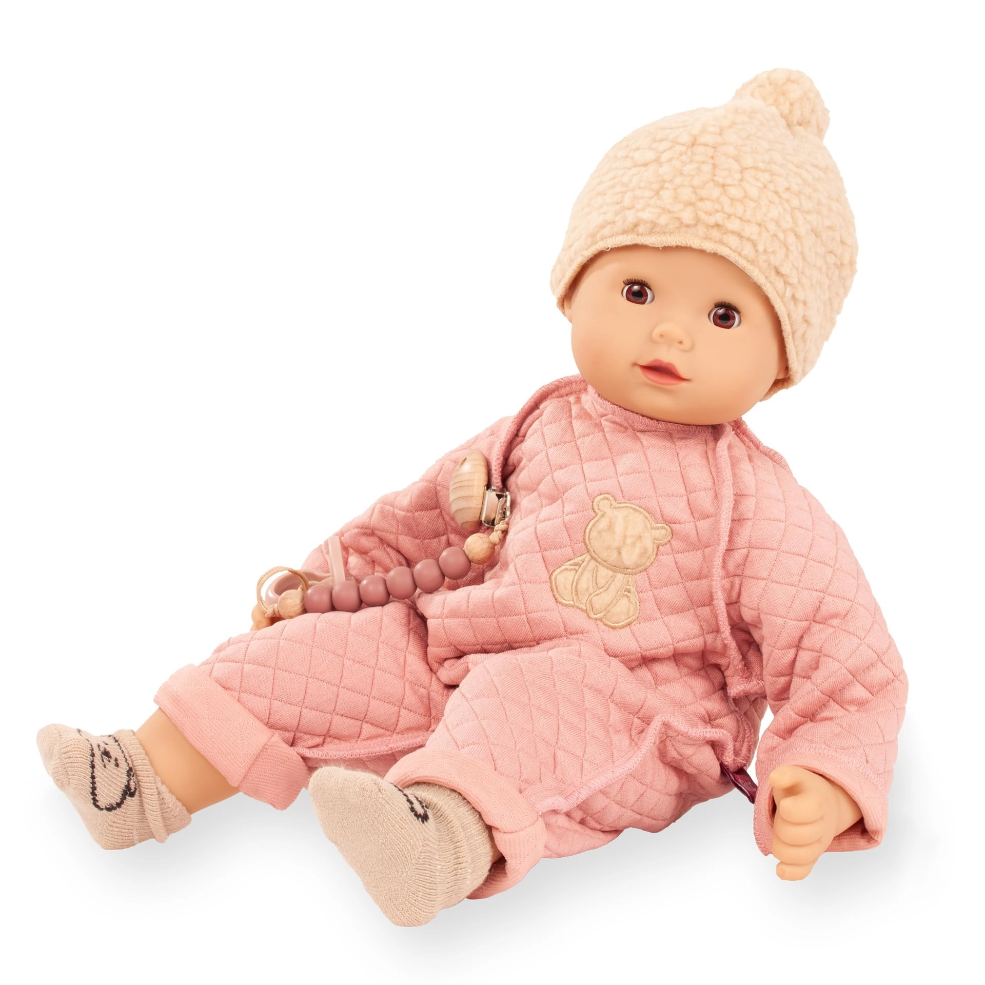 Götz Maxy Muffin Little Bear Baby Doll - 16.5" Sleepy Eyes Quilted Pink Winter Onesie Ages 3+