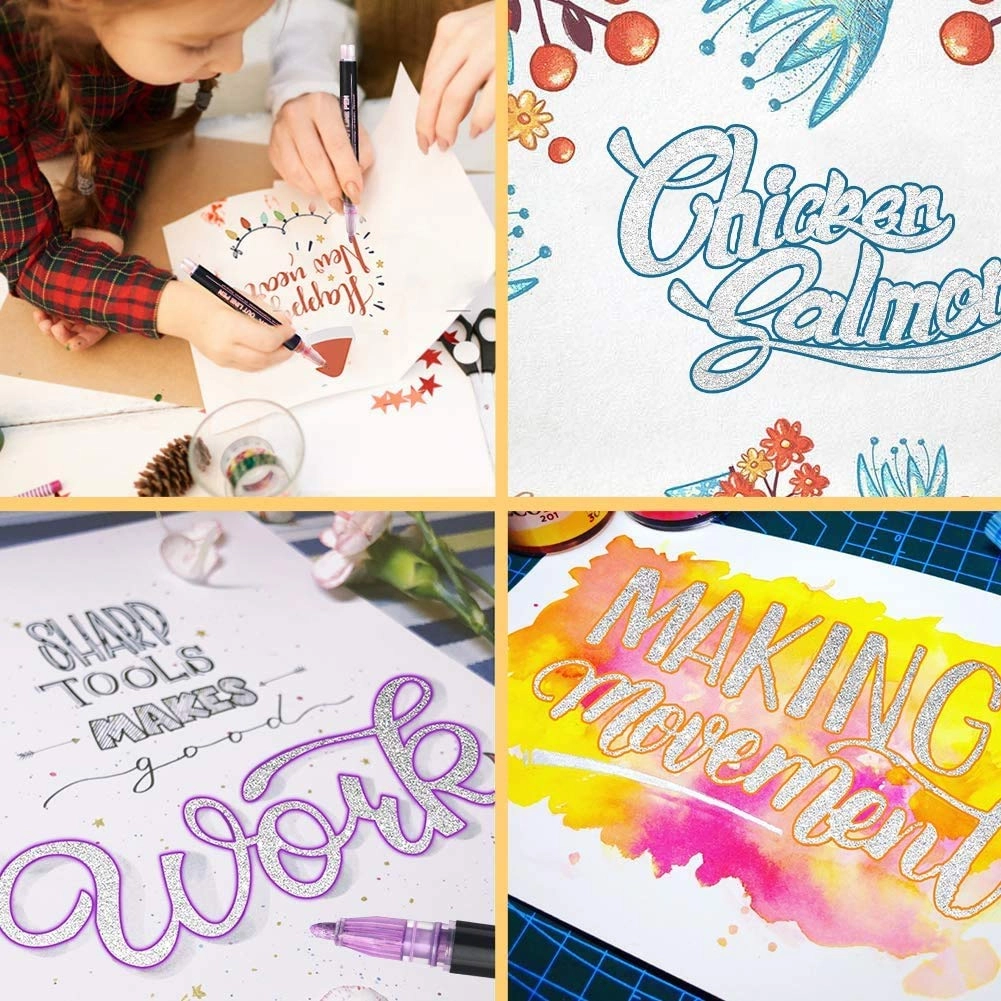 Outline Marker Pens - 12 metallic glitter colours Dual Fibre