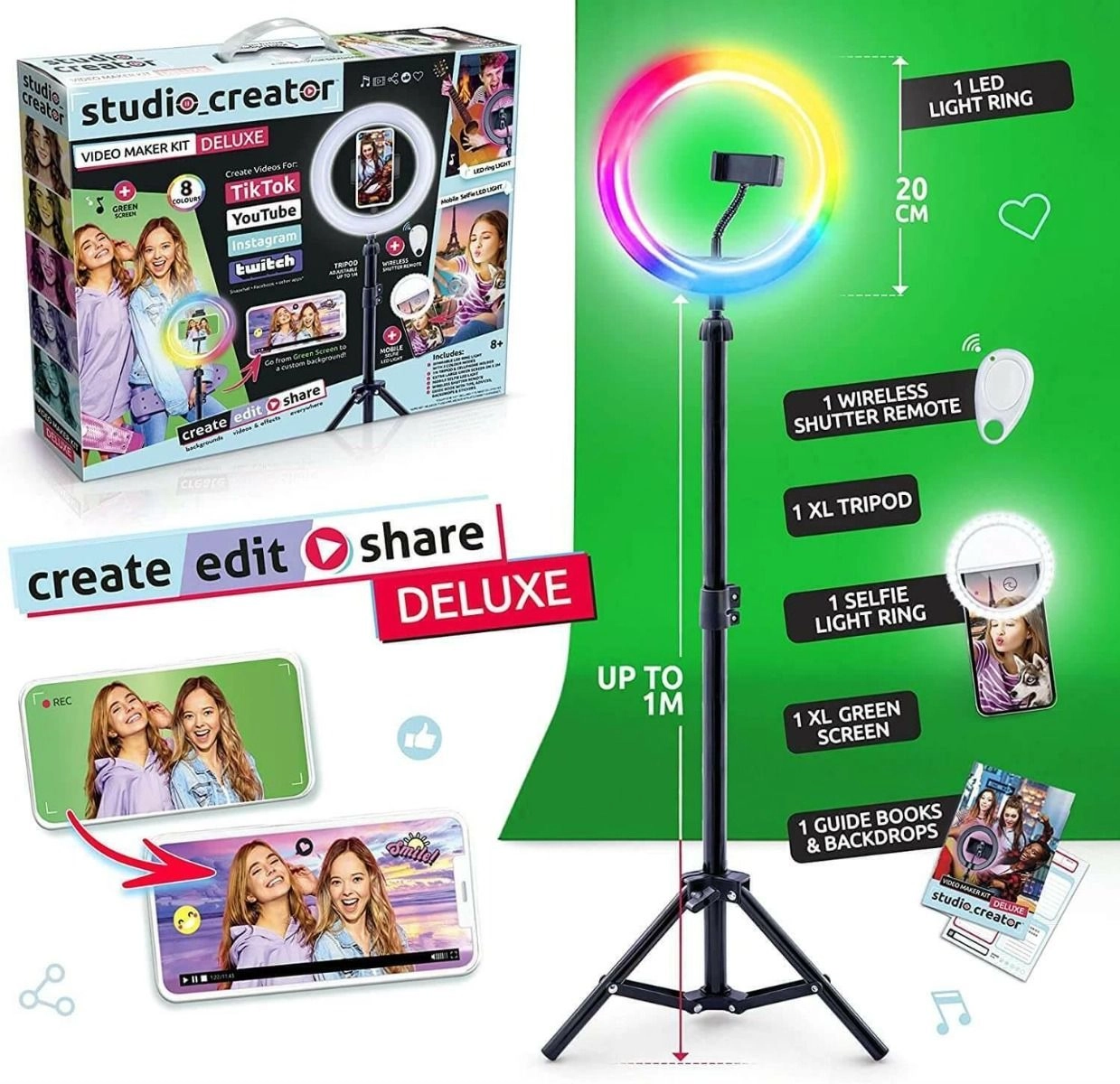 Generic Ring Light - Colour-changing 12 modes + Green Screen - XL + Wireless Shutter Remote + Clip-on LED Ring Light + Tripod - Adjustable up to 1M + Phone Holder