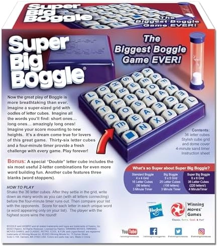 Super Big Boggle - 6x6 Grid 36 Letter Cubes 4 Minute Sand Timer