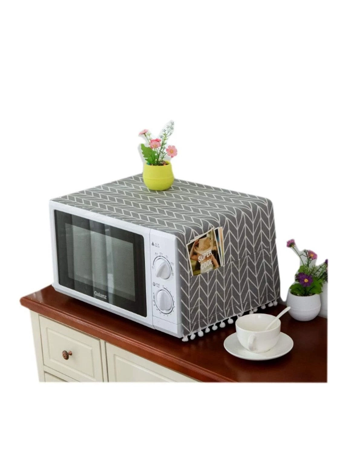 Microwave Oven Cover - Dustproof Protector with Side 4 Storage Organizer Bags 11.8x35.4" (Gray Triangle)