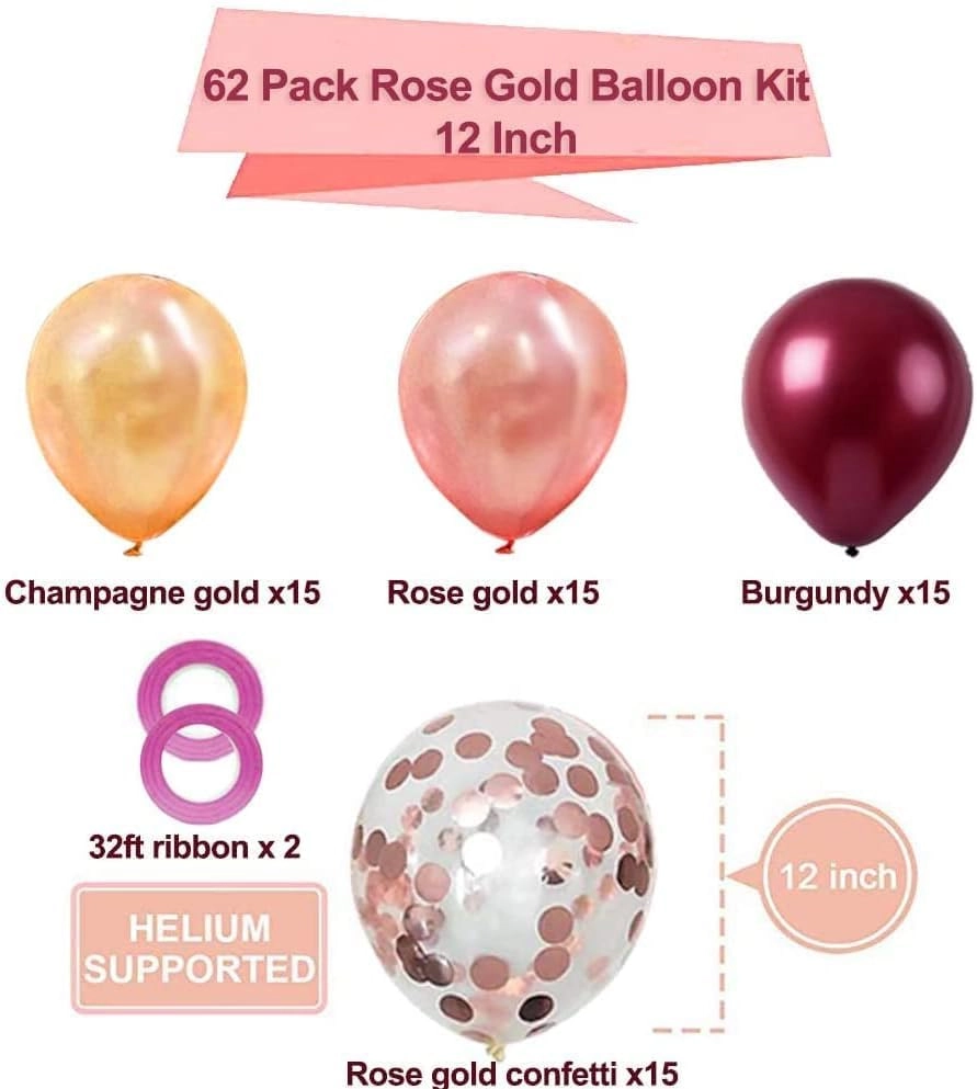 Rose Gold Burgundy Confetti Balloons - 62Pcs
